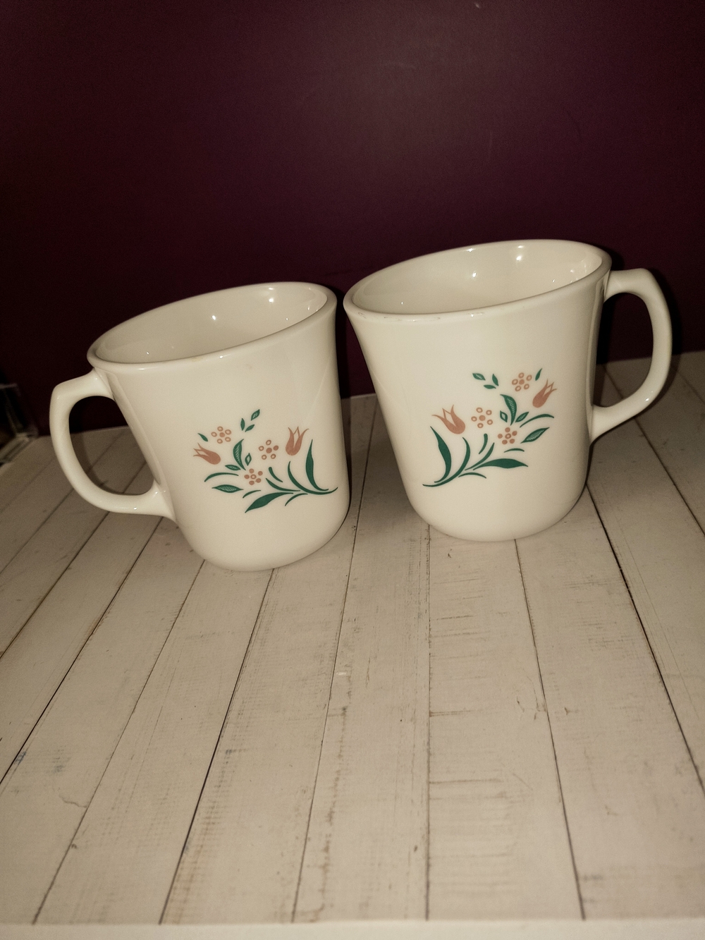 Corningware White Mugs with Green and Tan Floral Design - Set of 2